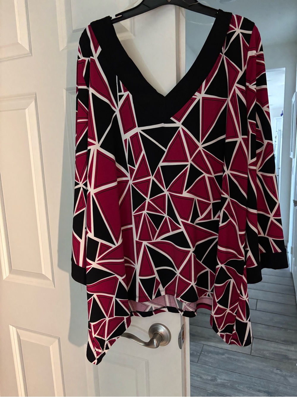 Ashley Stewart Geometric V-Neck Tunic in Magenta and Black